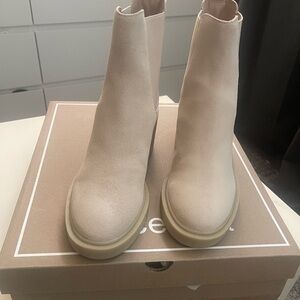 Cream Ankle Boots with Chelsea Style and Low Block Heel